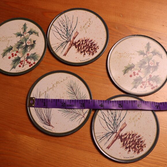 Set of 5 tree nature themed wooden metal and cork coasters, vintage green forest - Picture 3 of 4